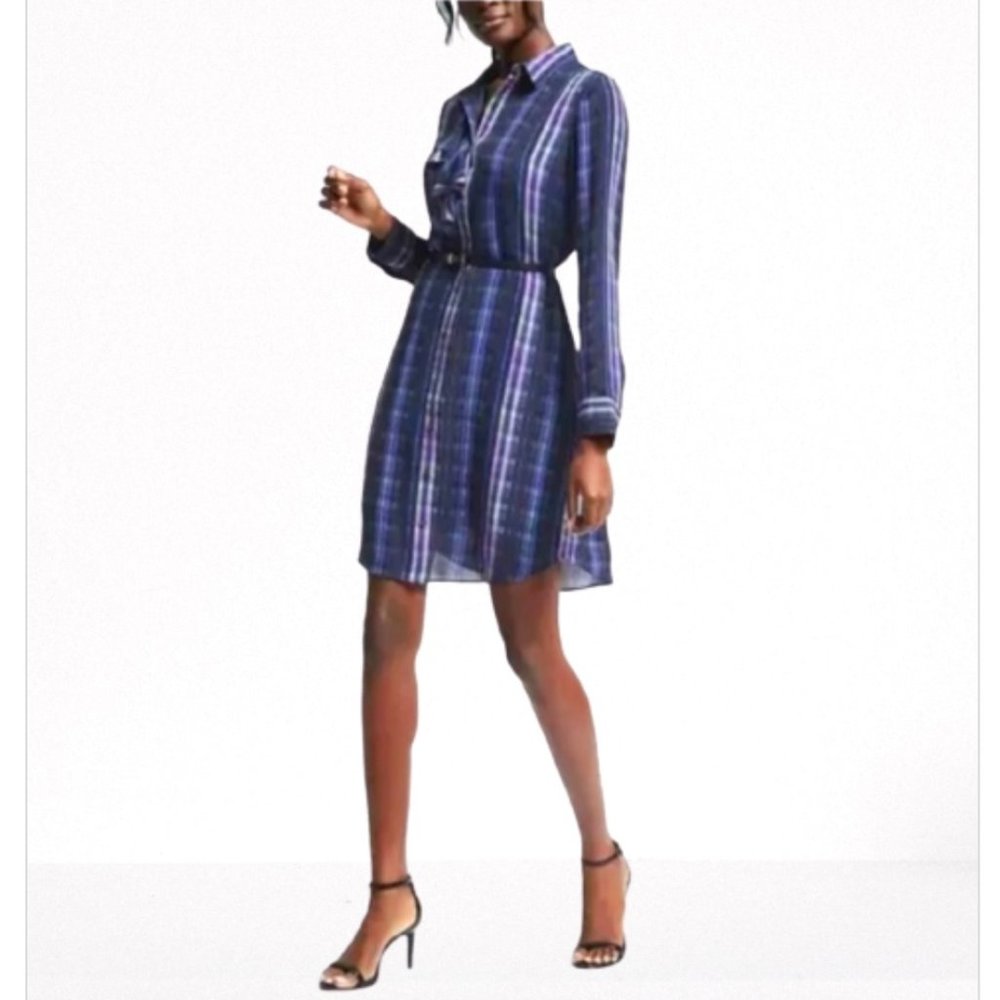 Banana Republic Ruffle Plaid Belted Shirt Dress, L